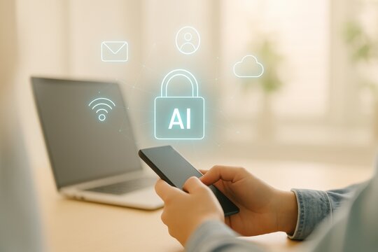 Person holding smartphone with glowing AI security lock icon and cloud network connection
