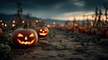   Two Jack O' Lantern pumpkins perched atop a green field, illuminated by glowing lights nearby