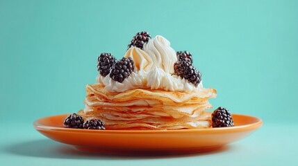   Stacked Pancakes Topped with Whipped Cream & Blackberries on Orange Plate against Teal Background