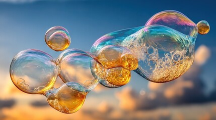   A cluster of bubbles floating against a blue sky backdrop and cloudy background