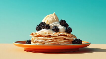   A blue background features a plate topped with pancakes covered in whipped cream and blackberries
