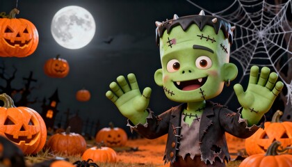 3D cartoon Frankenstein character smiling with pumpkins, moon and spider webs in cemetery, symbolizing Halloween fun, spooky traditions, classic monster culture and playful seasonal fantasy.