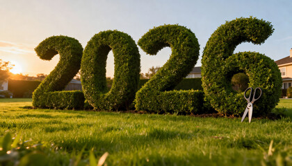 Green hedge trimmed into numbers 2026 on lawn with scissors and hose, symbolizing sustainable future, growth, environmental care, and the balance between nature, planning, and human creativity.
