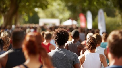 A sea of determined athletes surges forward in a vibrant marathon, their bodies poised for action under the bright sunlight. Capturing the dynamic spirit of endurance.