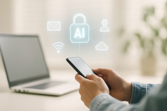 Hands holding smartphone with holographic AI lock icon and digital connection symbols
