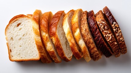 An enticing arrangement of sliced bread showcasing various types, textures, and colors, highlighting the artistry of baking and the variety of flavors in bread-making.