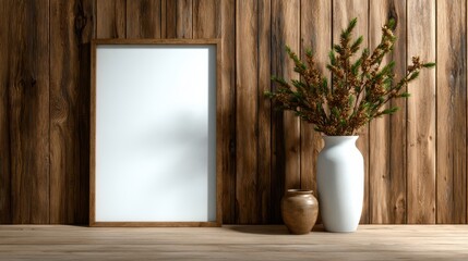 A simple yet elegant display featuring a wooden wall, a mirror, and a vase with branches, promoting tranquility and balance in minimalist interior design aesthetics.