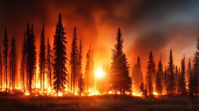 This dramatic image captures a forest engulfed in vibrant flames during sunset, evoking feelings of urgency and the powerful forces of nature in transformation.