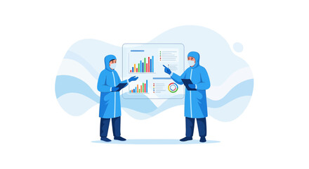Medical professionals reviewing data in protective suits, illustrating health analysis and