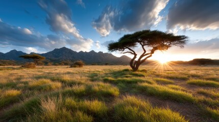 A stunning landscape scene of a majestic tree silhouetted against a vibrant sunset over mountain peaks, radiating warmth and inspiring awe in nature's beauty.