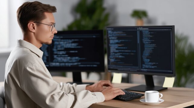 An innovative developer intently works with computer codes, immersed in a world of binary language and digital creation. He uses digital tools to solve problems with advanced technology.