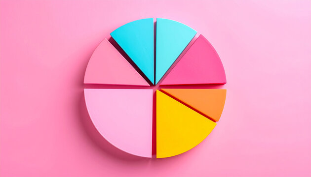 Top-down view of 7 segment pie chart, clean and colorful. Data visualization and infographic design