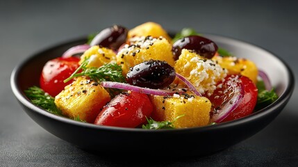 Polenta Salad with Cherry Tomatoes, Feta Cheese, and Kalamata Olives