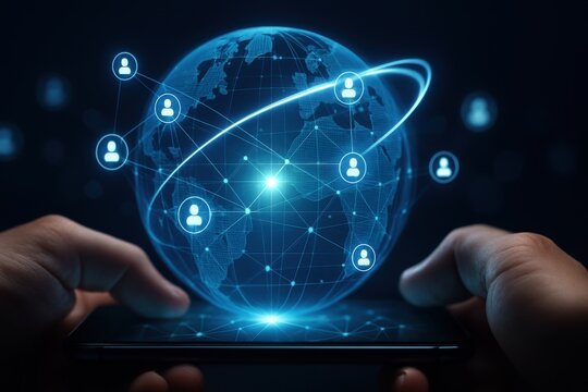 Hands holding smartphone with glowing blue holographic globe and connected people icons
