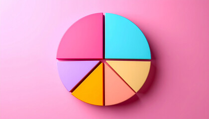 Top-down view of 6 segment pie chart, clean and colorful. Data visualization and infographic design