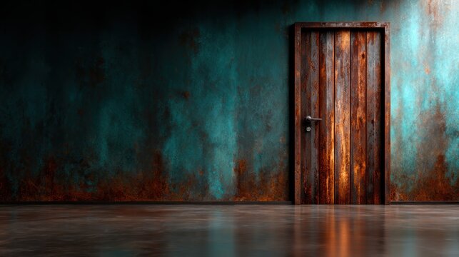 An artistically captured rustic wooden door set against a richly textured, weathered patina wall, representing themes of resilience and the passage of time.