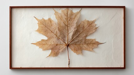 A single maple leaf, captured in its natural state with intricate details and subtle shadows on an off-white background, framed within a vintage frame
