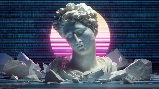 classical marble statue head with neon retrofuturistic sunset background vaporwave aesthetic digital art nostalgia cyber glow synthwave style sculpture