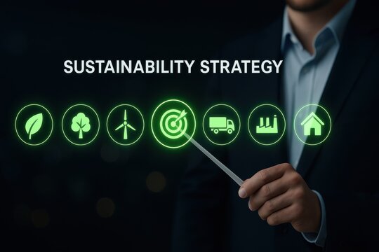 Businessman presenting glowing green sustainability icons for eco energy target logistics factory and home strategy