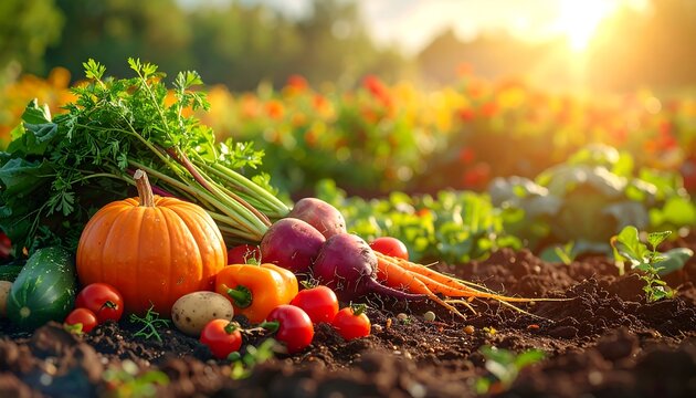 Autumn harvest of fresh organic vegetables in a sunlit garden scene