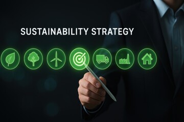 Man pointing at glowing sustainability icons with text strategy for eco energy transport industry and housing
