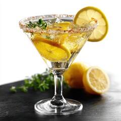 Refreshing Lemon Cocktail with Thyme and Spicy Rim in Martini Glass