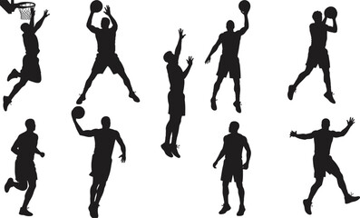 Basketball player silhouettes in action poses dribbling, dunking, shooting, rebounding, and jumping sports vector illustration for design, posters, and projects