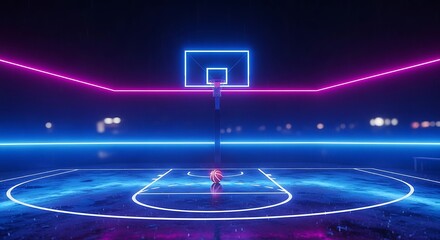 Neon Basketball Court, Focused Player, Futuristic Arena.