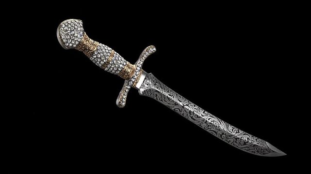 Ornate jeweled dagger with intricate metalwork and sparkling gems, isolated on a dark background.