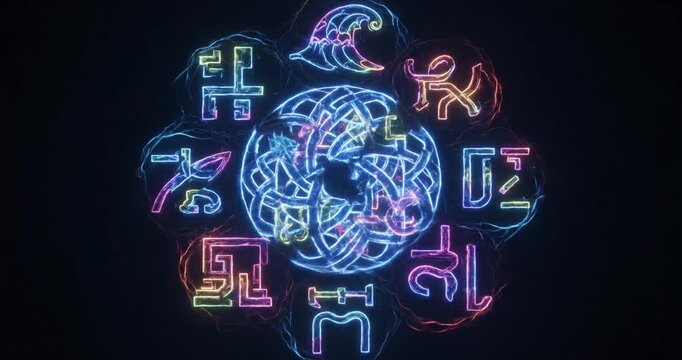 Dynamic neon sphere swirling in futuristic urban alley, showcasing vibrant symbols and intricate patterns in illustration