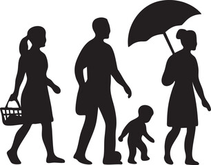 Multi-Generational Family and People Walking Silhouettes.