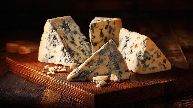   A wooden cutting board with blue cheese slices sits on a wooden table beside a stack of cheese