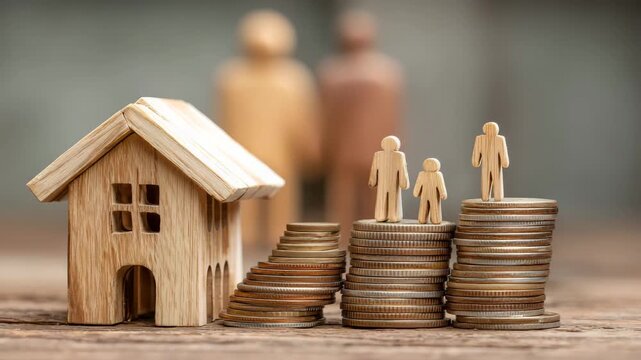 wooden house and family figures standing on stacked coins concept of savings investment mortgage family budget financial planning inheritance wealth