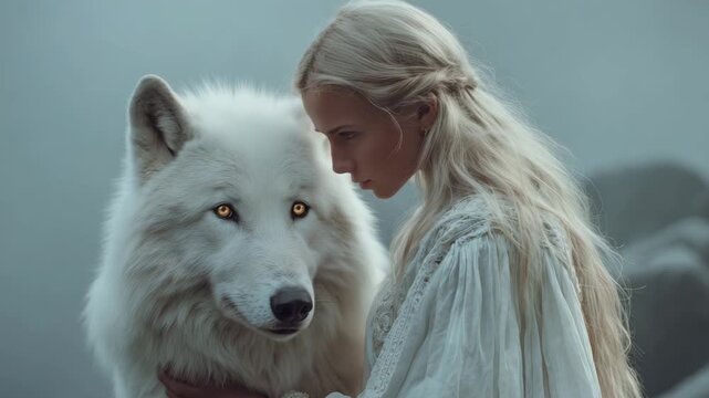 mystical girl with white wolf fantasy portrait bond between human and animal magical friendship fairytale scene mythical companion ethereal atmosphere