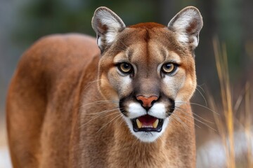 Puma showing teeth, wild animal in nature