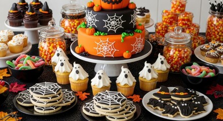 A halloween dessert table featuring a cake, cupcakes, cookies, and candy corn in glass jars display