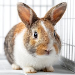 Obraz premium Adorable Brown and White Rabbit in Cage, Close Up Portrait of Cute Bunny