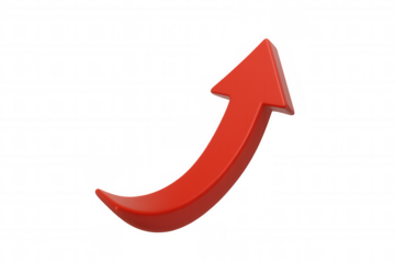 Red 3d arrow pointing up, illustrating business success, financial growth, and positive market trends on a transparent background