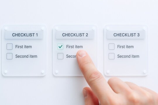 Hand pointing at glowing digital checklist cards with completed items highlighted
