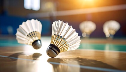 Shuttlecocks on Court with Sunlight Perspective Badminton