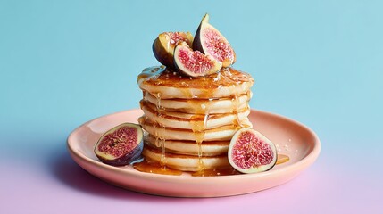   Stacked Pancakes with Syrup & Figs on Pink Plate