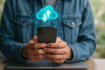 Hands holding smartphone with glowing cloud sync icon for online storage and transfer
