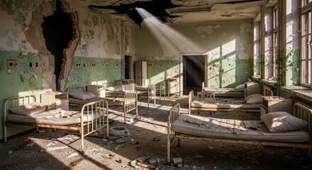 Abandoned hospital ward with beds and damaged walls and ceiling with sunlight shining through hole