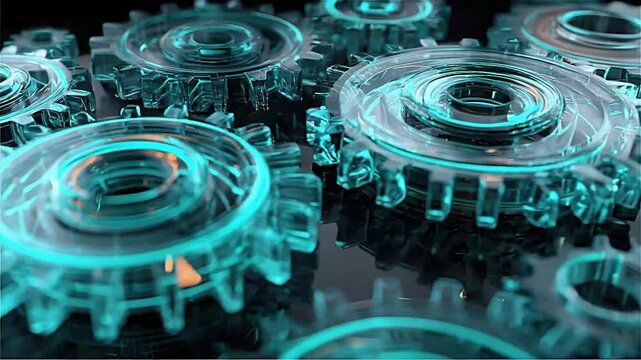 Glass gears and cogs spinning on a dark surface