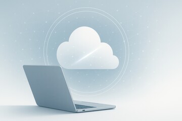 Open laptop with glowing cloud network icon for digital data storage and synchronization
