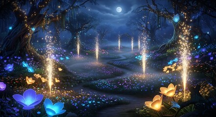 Obraz premium Enchanted Forest Moonlight Pathway.