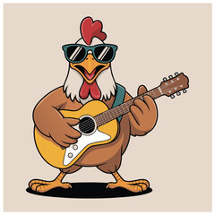 Rockstar chicken with sunglasses flat vector illustration on white background