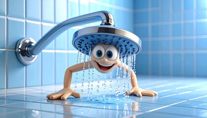 Smiling Cartoon Character Enjoying a Shower in Blue Bathroom Setting