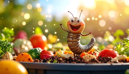 Smiling Cartoon Worm with Vegetables in Garden Under Sunshine