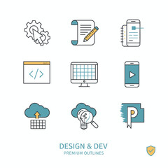 Contemporary minimalist line icons for design and development, a premium outline symbol set for web, mobile, and graphic design, featuring mono‑linear pictograms, infographics, and web elements